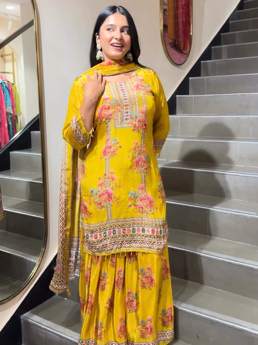 Mustard Yellow Floral Printed Sharara Suit Set with Dupatta for Women