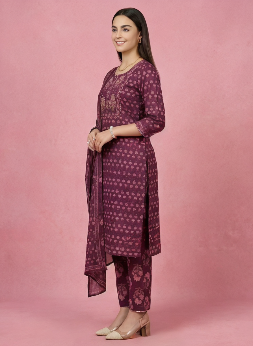 Women Maroon Printed Cotton Kurta Pant Dupatta Set