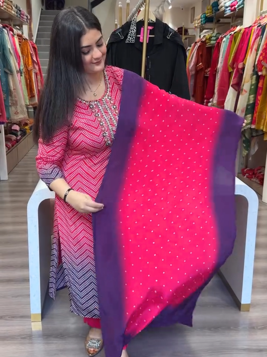Elegant Pink & Purple Ombre Geometric Kurti with Dupatta