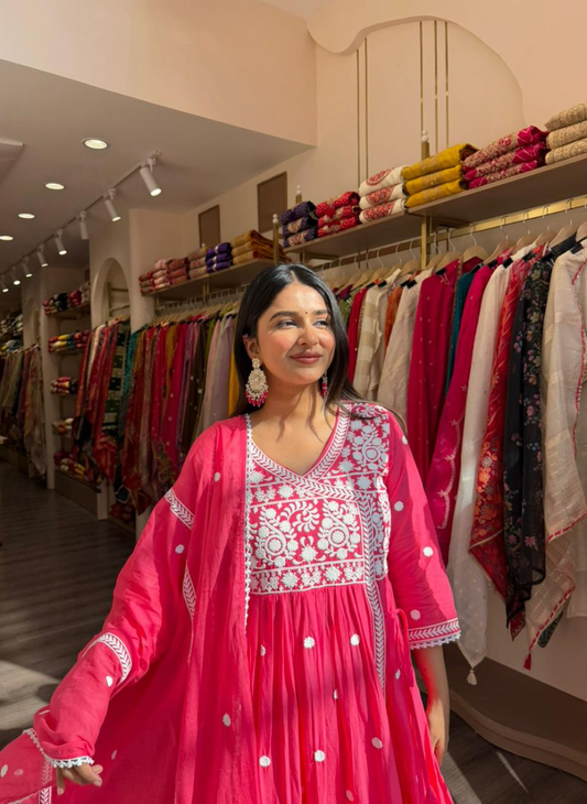 Women Hot Pink Embroidered Anarkali Kurta Set with Dupatta | Festive Wear