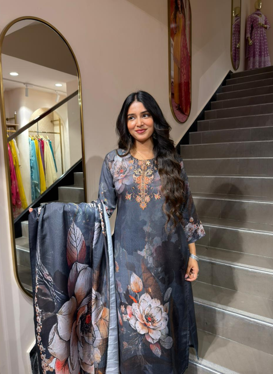 Dark Grey Floral Printed Straight Kurta Pant Set with Dupatta for Women