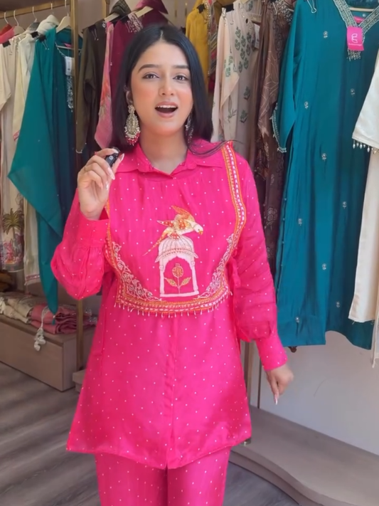 Women's Rani Pink Embroidered Ethnic Kurta Pant Co-Ord Set | Festive & Casual Wear