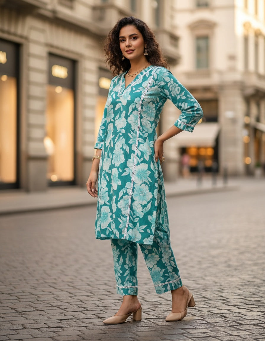 Women’s Aqua Green Floral Cotton Co-ord Set – Kurti & Pant