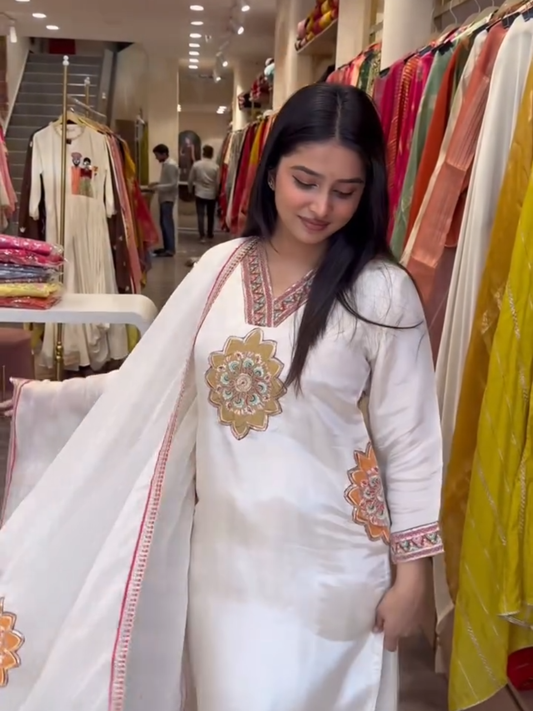 Off White Embroidered Kurta Palazzo Set with Dupatta for Women | Elegant Festive Ethnic Wear