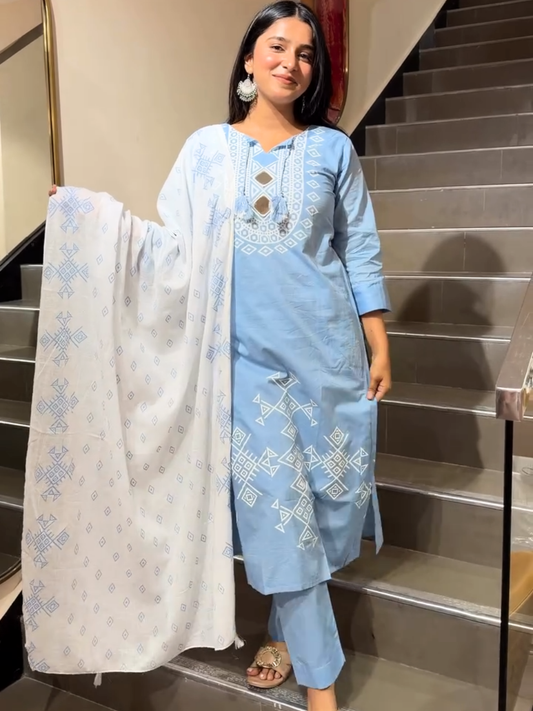 Elegant Sky Blue Printed Cotton Kurta Pant Set with Dupatta for Women