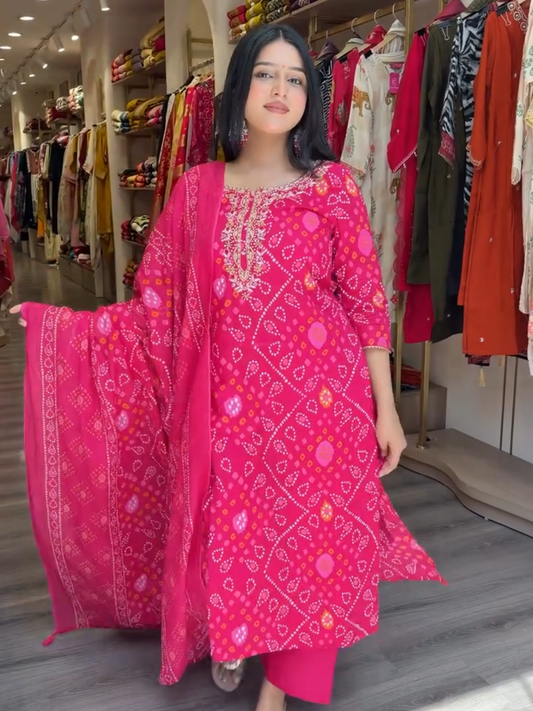 Rani Pink Bandhani Printed Cotton Kurta Set with Dupatta for Women
