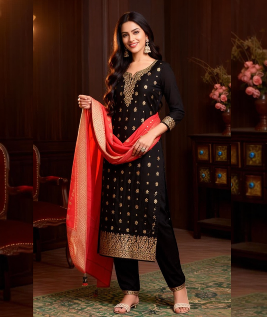 Women Black Embroidered Kurta Pant Set with Red Dupatta | Festive Ethnic Wear Suit