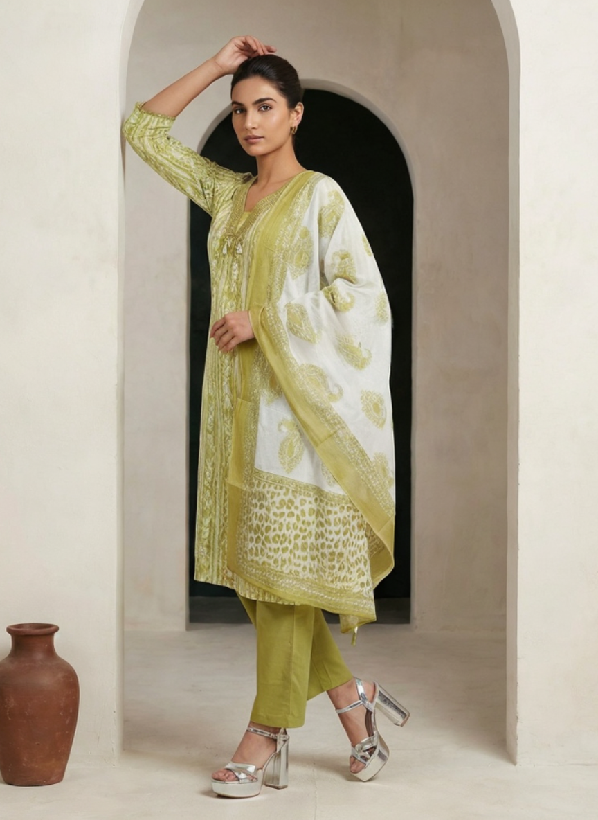 Lime Green Printed Kurta Set with Dupatta for Women | Ethnic Straight Kurti Pant Set | Summer Festive Wear