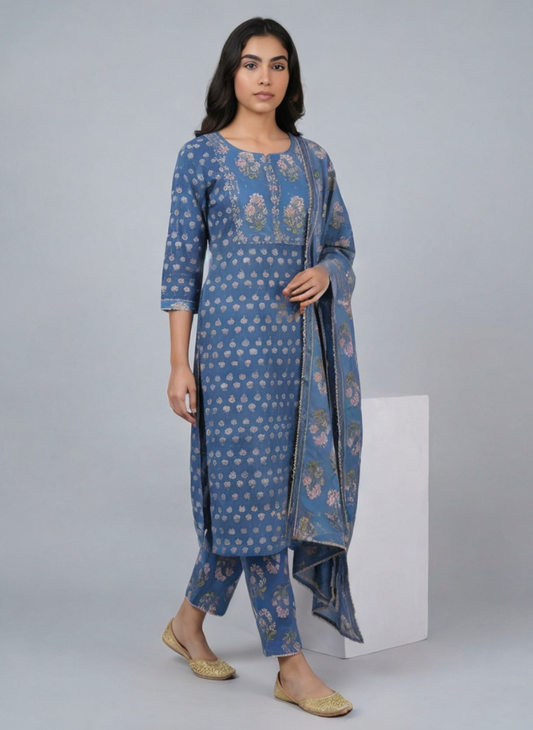 Women Blue Printed Cotton Kurta Pant Dupatta Set