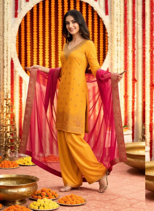 Mustard Yellow Embroidered Kurta Pant Set with Pink Dupatta for Women | Festive Ethnic Wear Suit