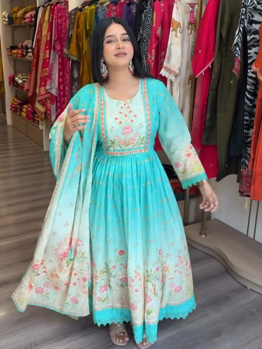 Sky Blue Floral Anarkali Cotton Kurta Set with Dupatta for Women