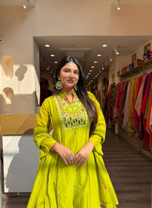 Women Lime Green Embroidered Anarkali Kurta | Festive Ethnic Wear for Women