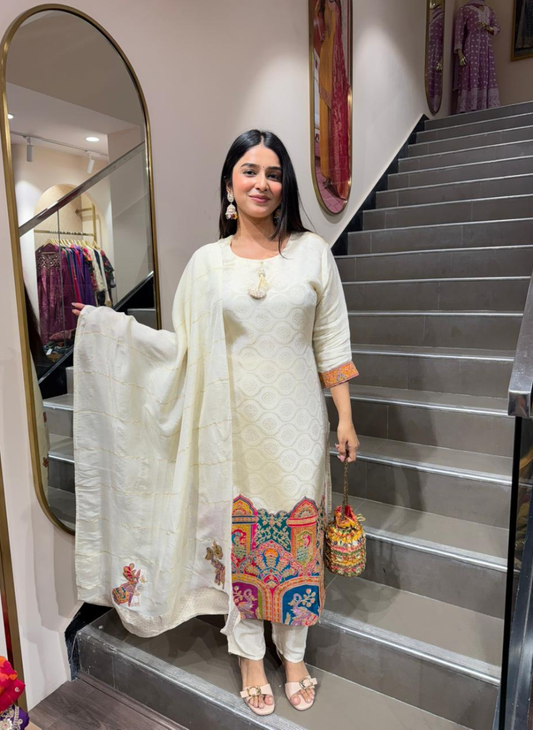 Women’s Off-White Embroidered Kurti with Pants & Dupatta | Festive Ethnic Wear Set