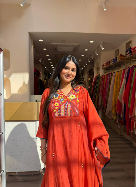 Women Rust Orange Embroidered Anarkali Kurta | Festive Ethnic Wear for Women