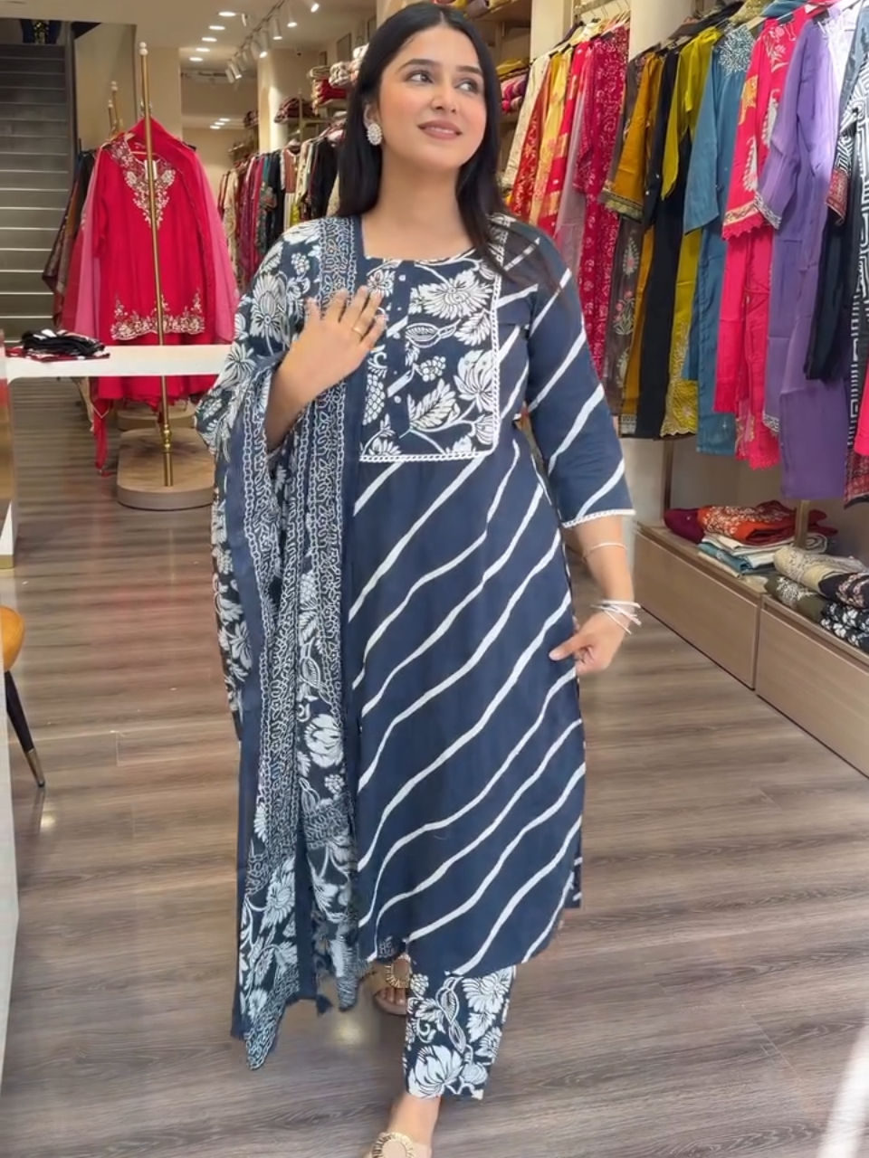 Midnight Blue Floral Printed Kurta Set with Statement Dupatta – Women's 3 Piece Ethnic Suit Set