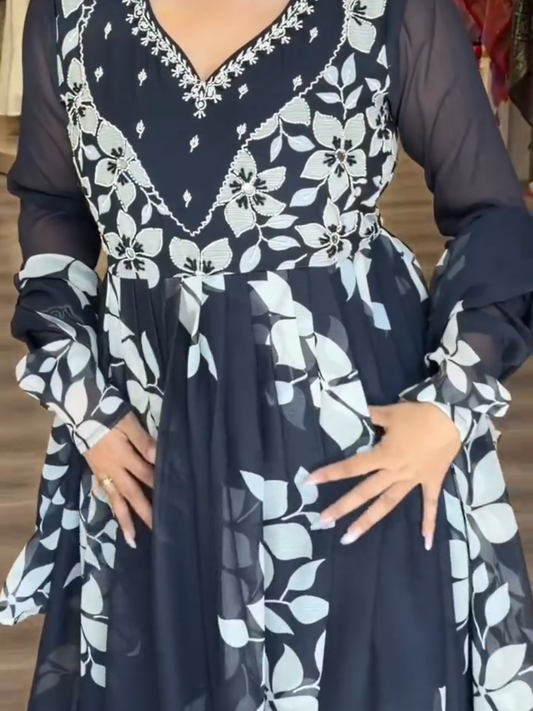 Black Floral Printed Anarkali Gown for Women | Elegant Flowy Party Wear Ethnic Dress