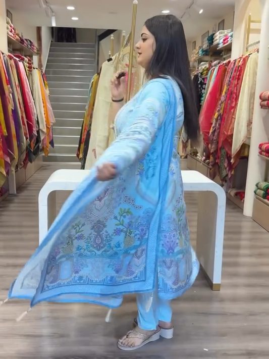 Women Sky Blue Printed Kurta Pant Set with Dupatta | Elegant Ethnic Wear