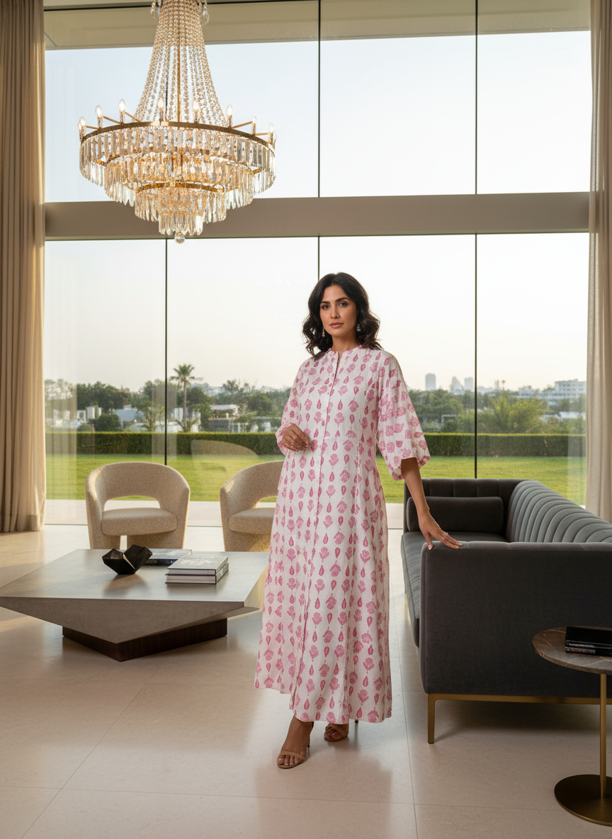 Woman in a pink printed dress from Encourage Fashion standing in a modern living room with chandelier