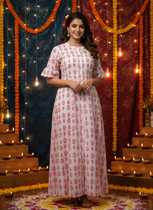 Women’s Cotton White & Pink Kurti Handblock Printed Design