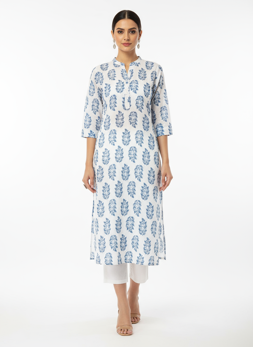 Women’s Cotton Kurti White & Indigo Blue Handblock Design