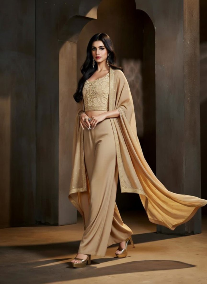 Elegant Beige Gold Embroidered Indo Western 3 Piece Set for Women