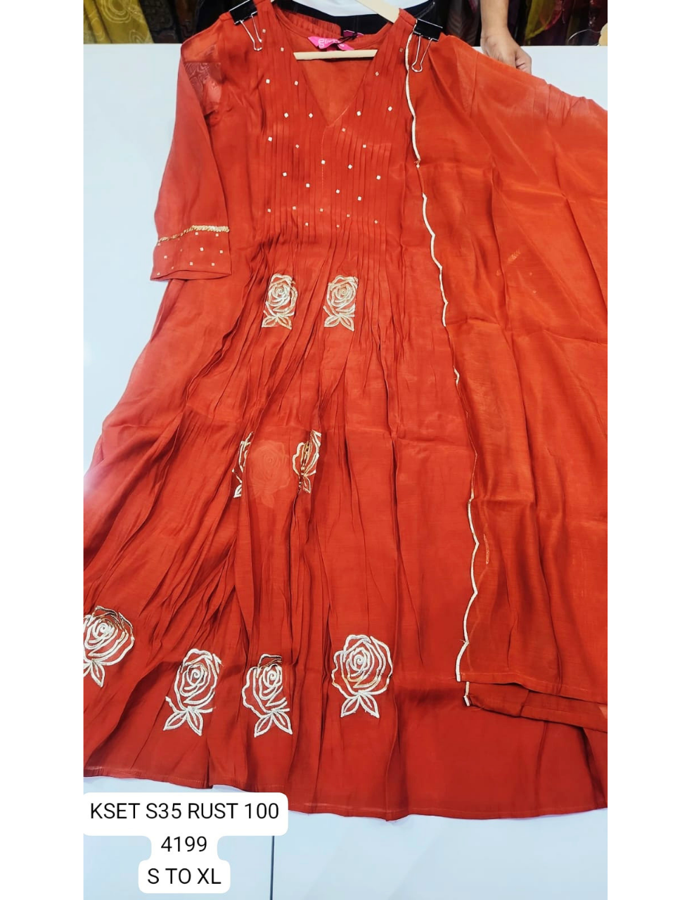 Rust Floral Embroidered Anarkali Kurta Set with Dupatta for Women