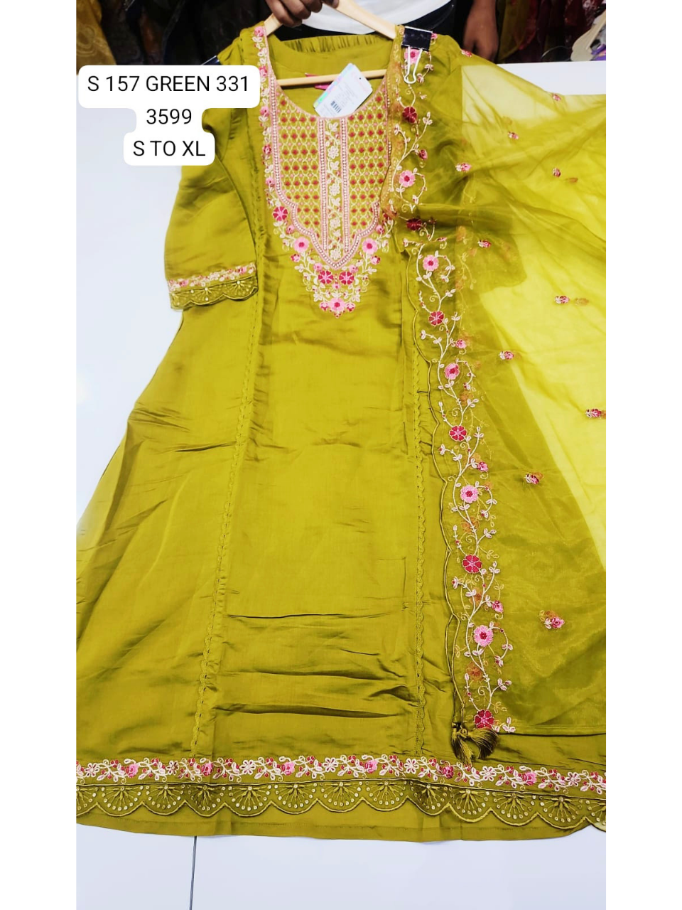 Olive Green Embroidered Ethnic Kurta Set with Floral Dupatta for Women