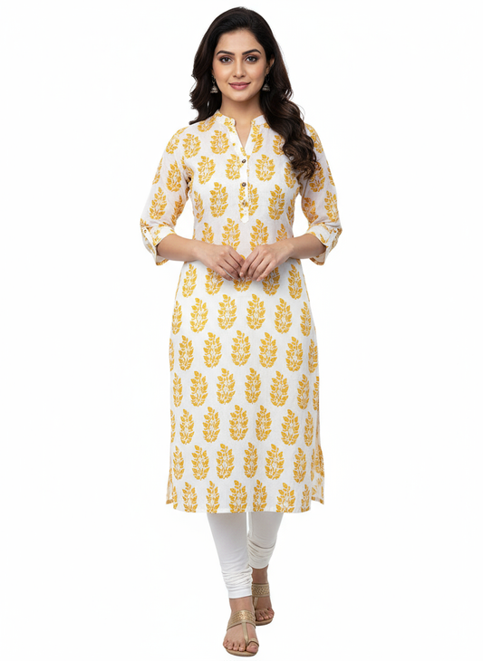 Women’s White Kurti with Mustard Leaf Print Cotton Ethnic Wear