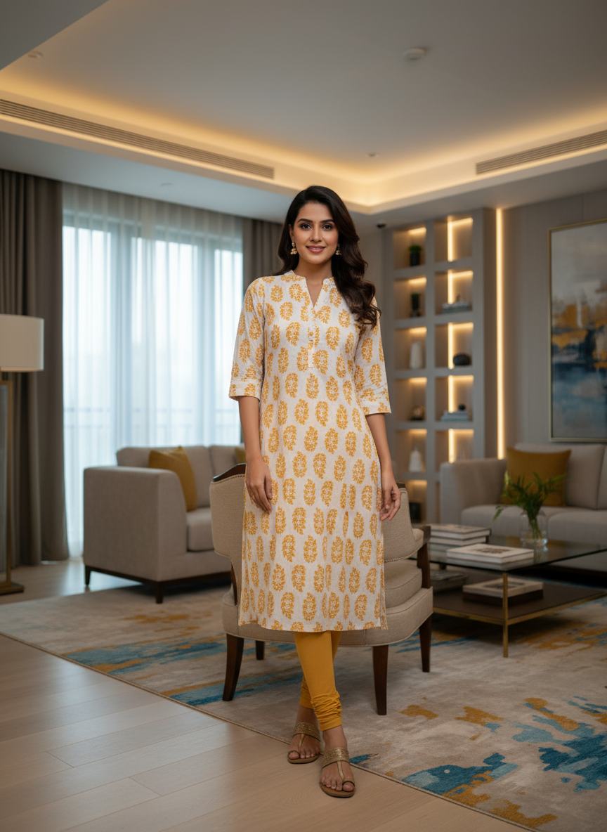 Women’s White Kurti with Mustard Leaf Print Cotton Ethnic Wear