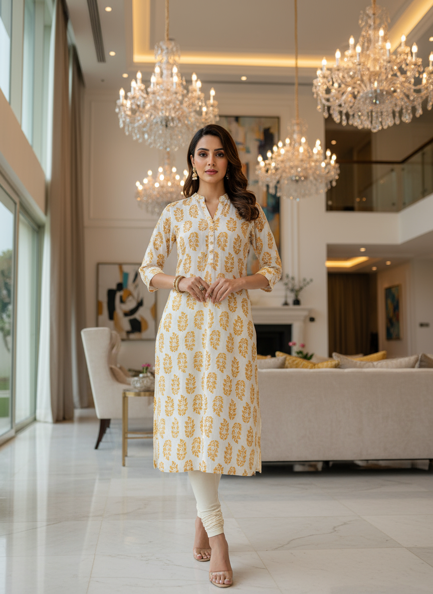 Women’s White Kurti with Mustard Leaf Print Cotton Ethnic Wear