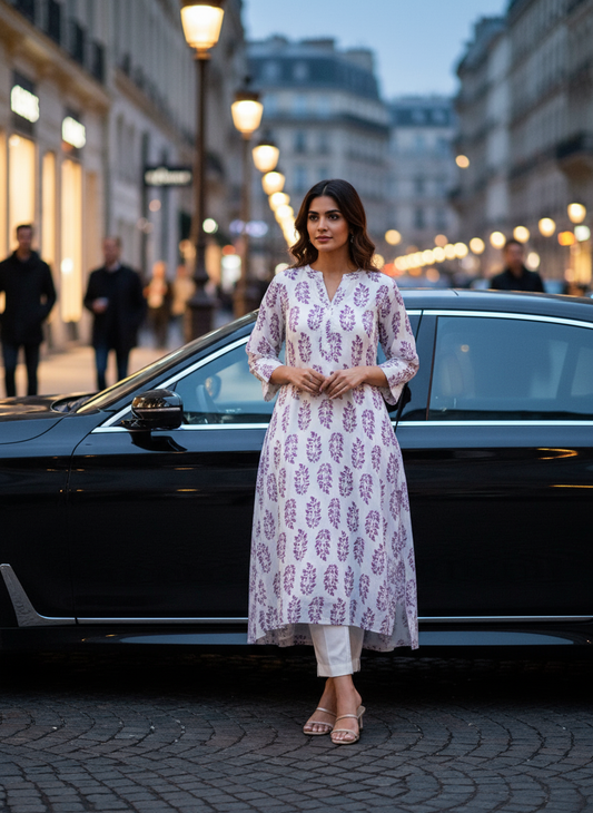 Women’s Elegant Purple Leaf Printed Kurti Cotton Ethnic Wear