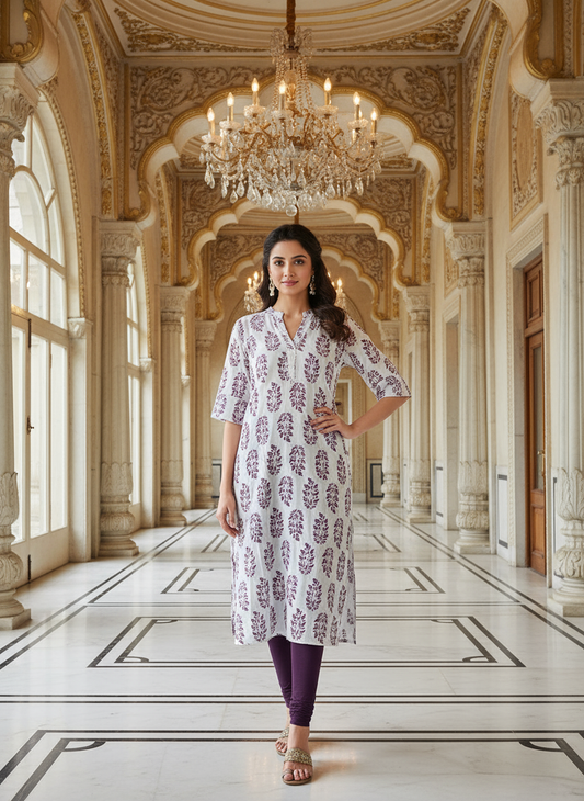 Women’s Elegant Purple Leaf Printed Kurti Cotton Ethnic Wear