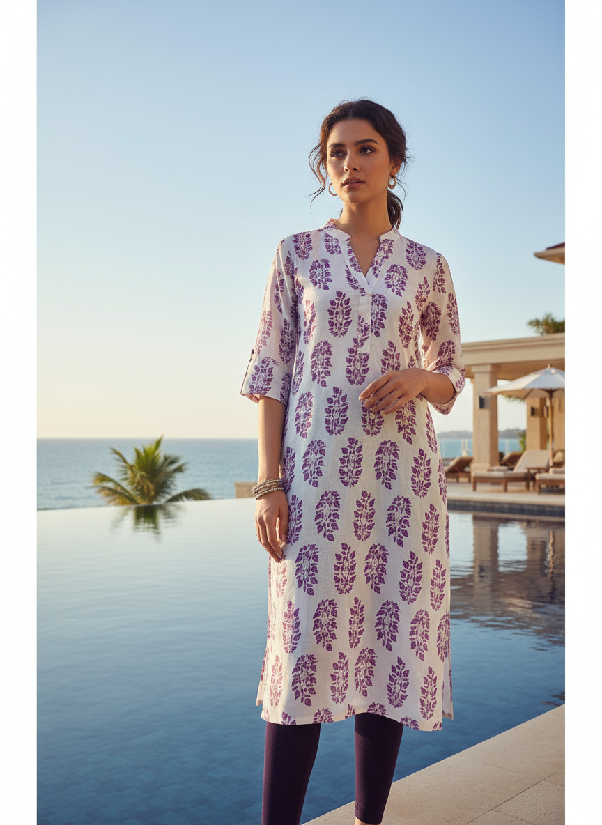 Women’s Elegant Purple Leaf Printed Kurti Cotton Ethnic Wear