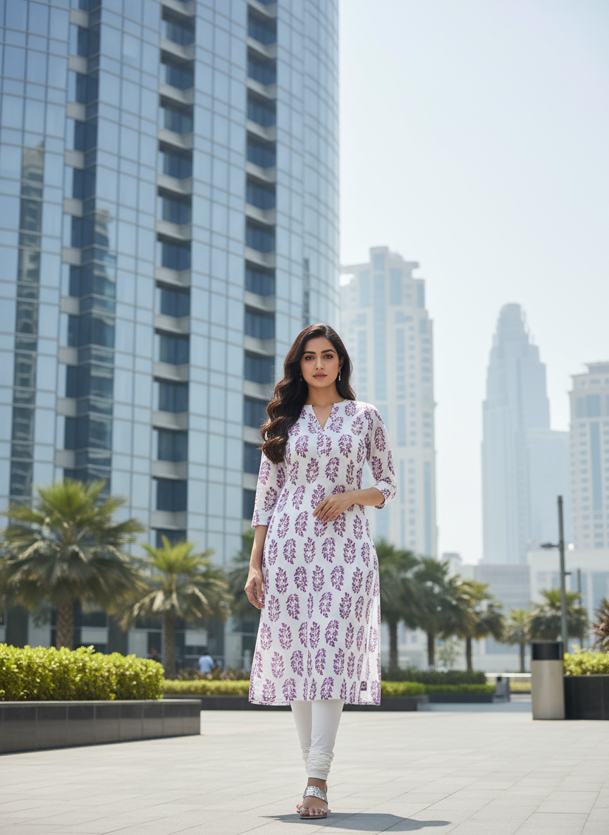 Women’s Elegant Purple Leaf Printed Kurti Cotton Ethnic Wear