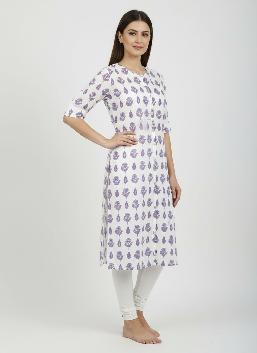 Women Elegant White Cotton Kurti with Lavender Floral Print Handblock Style