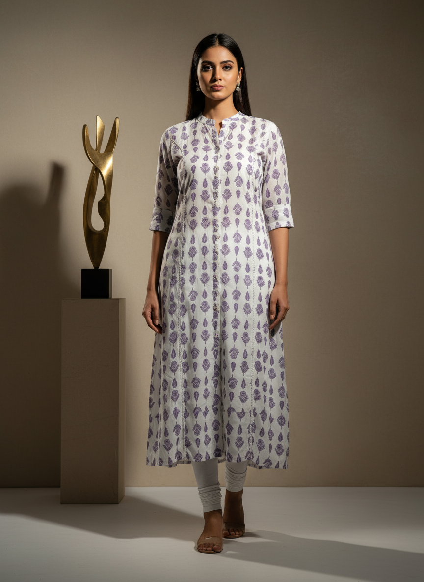 Woman in white and purple printed kurta set, Encourage Fashion, minimal indoor setting