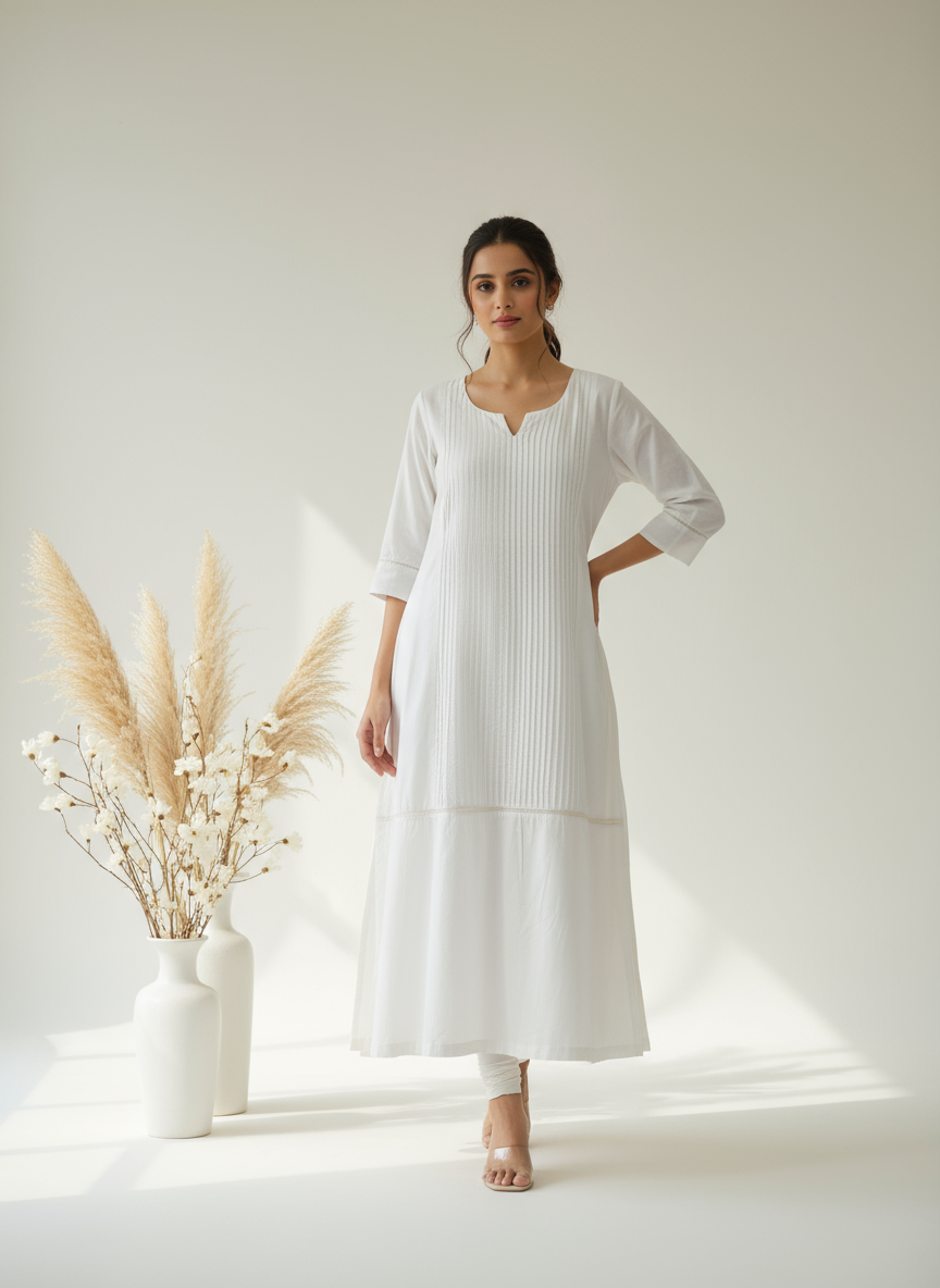 Women Classic Pure White Cotton Kurti with Astar for Formal & Ethnic Wear