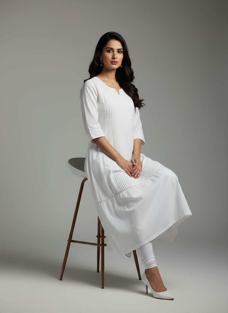 Women Classic Pure White Cotton Kurti with Astar for Formal & Ethnic Wear