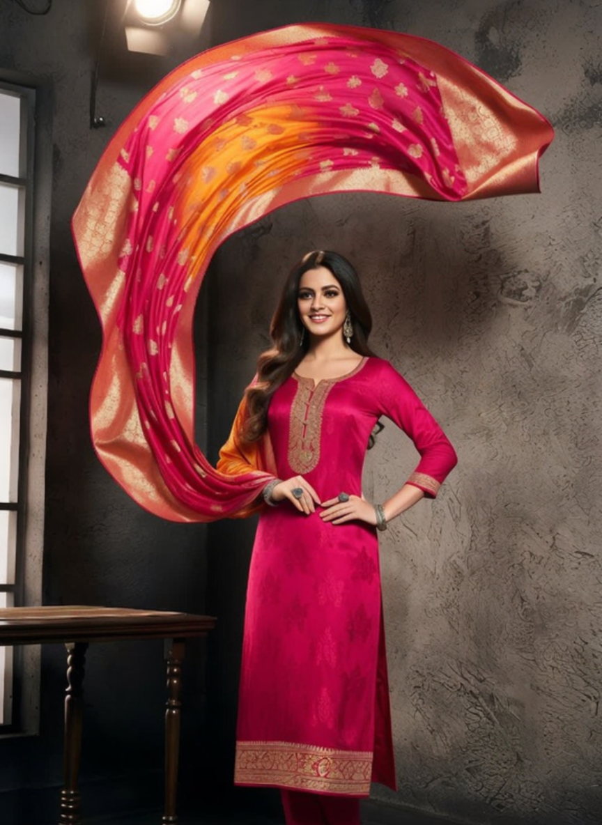 Rani Pink Silk Straight Suit 3 Piece Set for Women