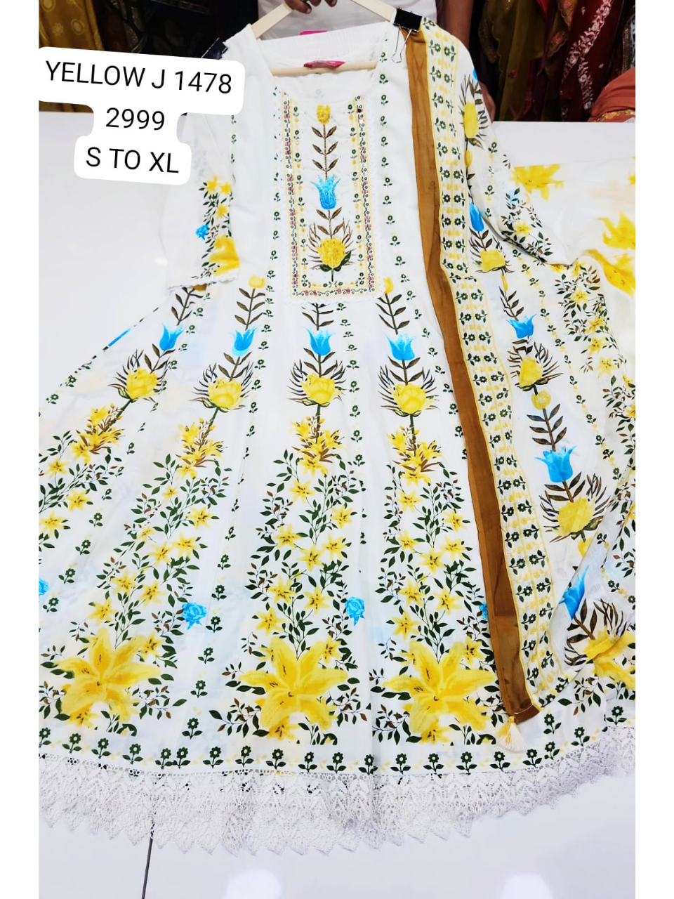 White & Yellow Floral Printed Anarkali Suit Set with Dupatta for Women