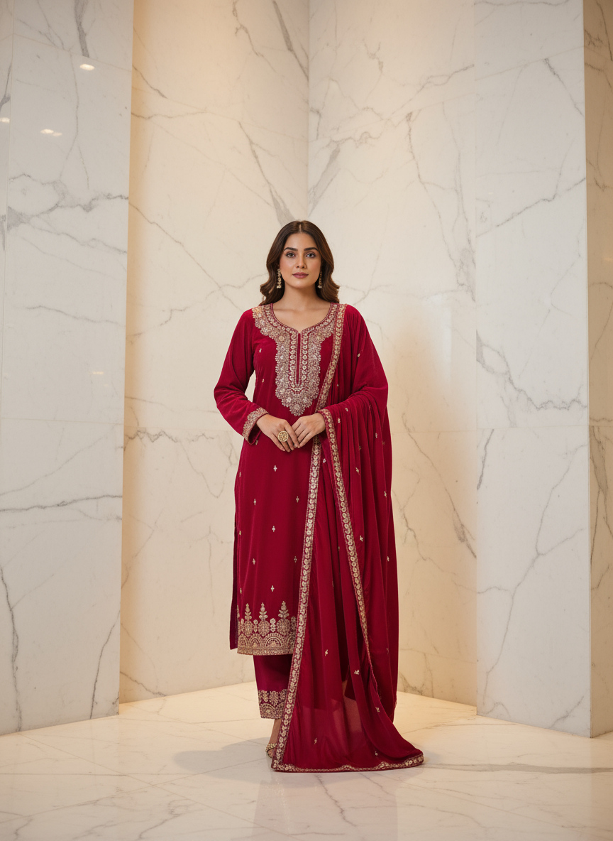 Velvet Embroidered Magenta Kurta Set with Zari and Stone Work – Festive & Wedding Wear