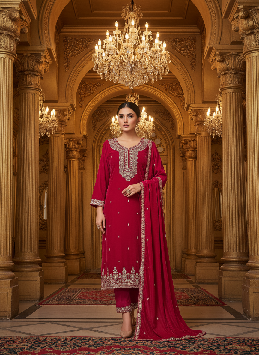 Velvet Embroidered Magenta Kurta Set with Zari and Stone Work – Festive & Wedding Wear