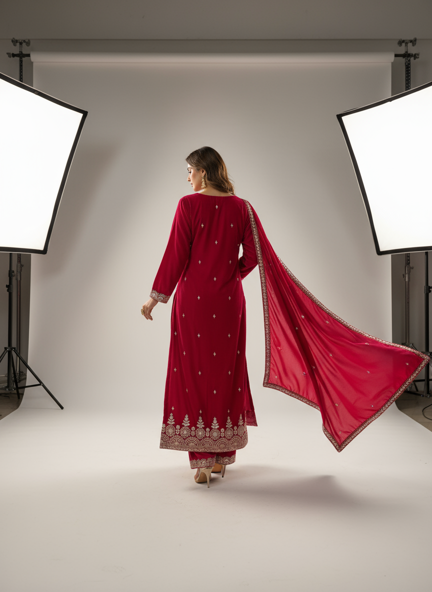 Velvet Embroidered Magenta Kurta Set with Zari and Stone Work – Festive & Wedding Wear