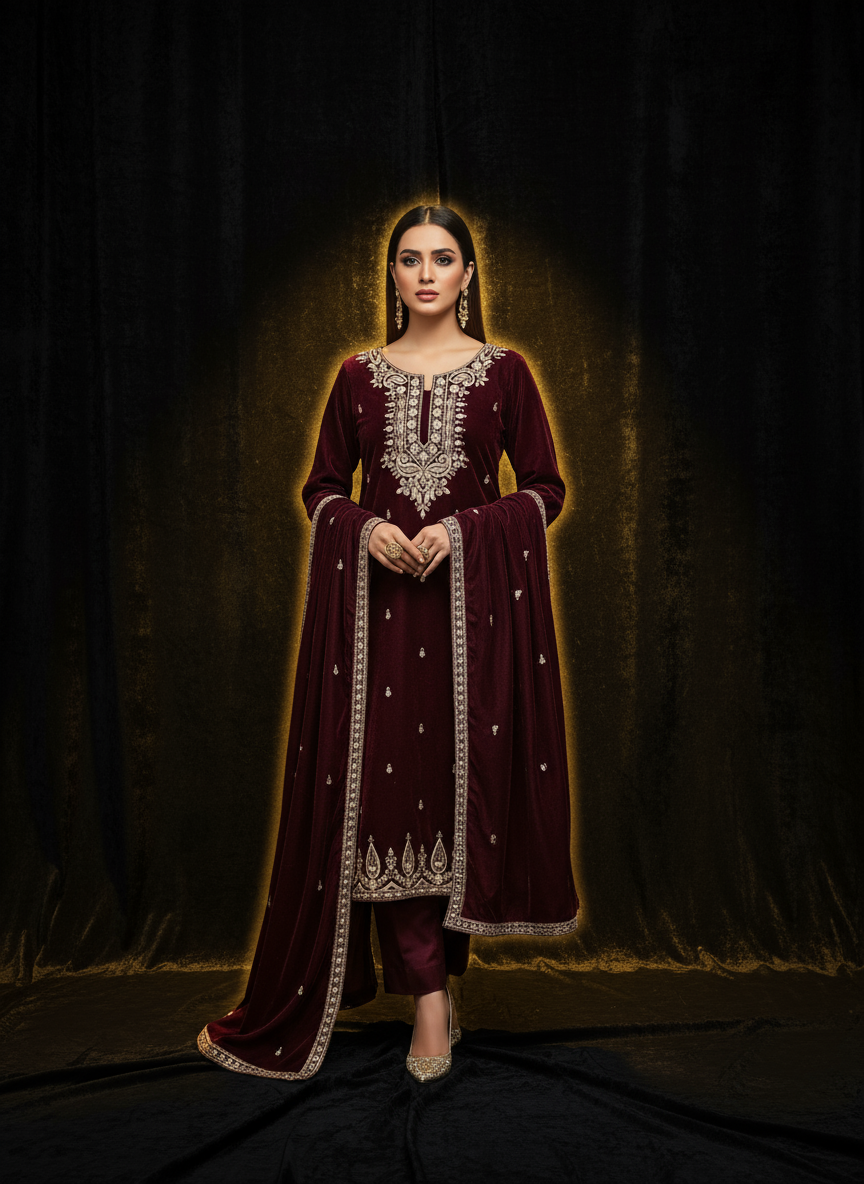 Royal Maroon Velvet Embroidered Kurta Set with Golden Zari & Stone Work – Festive & Wedding Wear