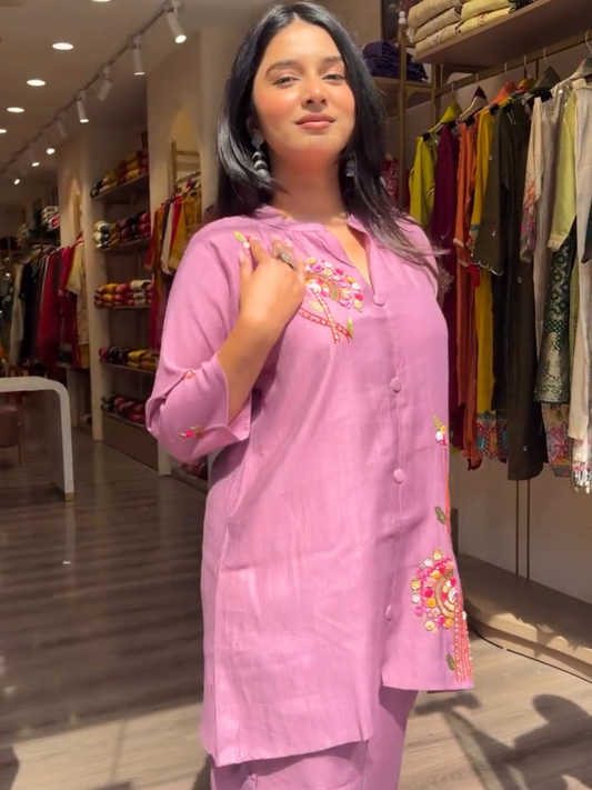 Women Pink Embroidered Kurta Pant Set | Elegant Ethnic Co-Ord Set for Festive & Casual Wear