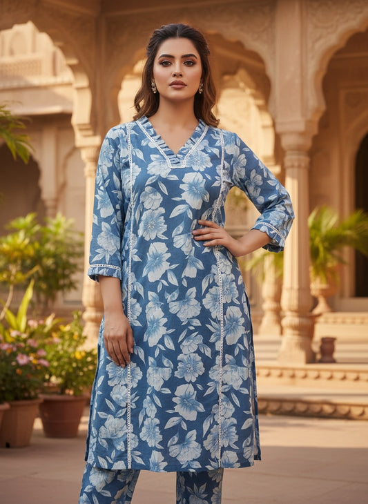 Women’s Blue Floral Cotton Co-ord Set – Kurti & Pant