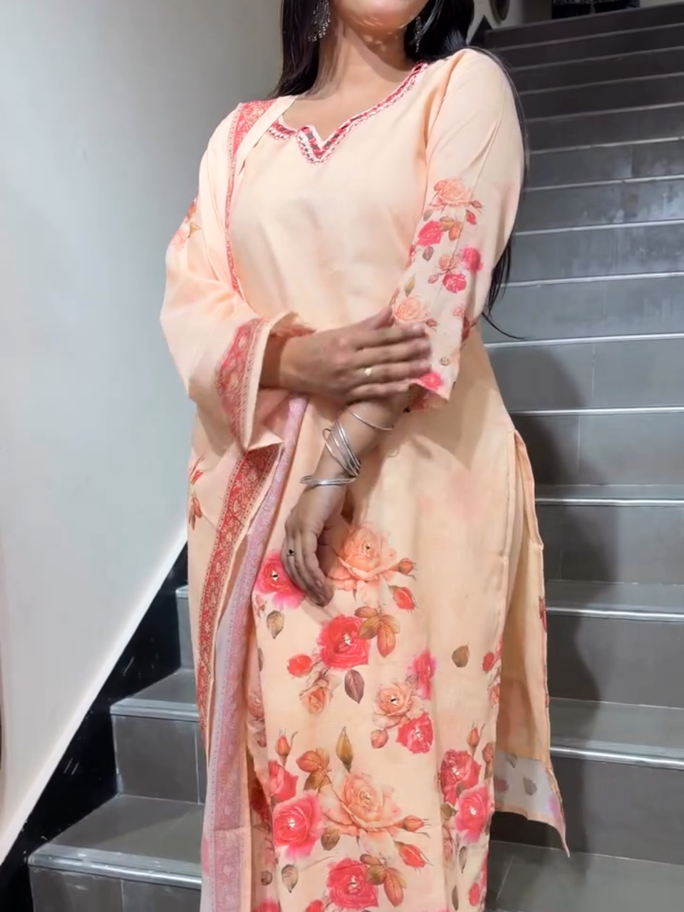 Peach Floral Printed Suit with Dupatta for Women