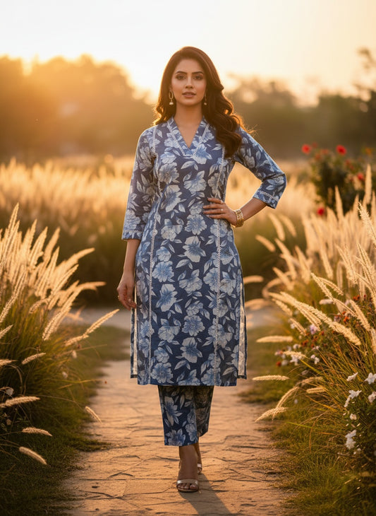 Women’s Blue Floral Cotton Co-ord Set – Kurti & Pant