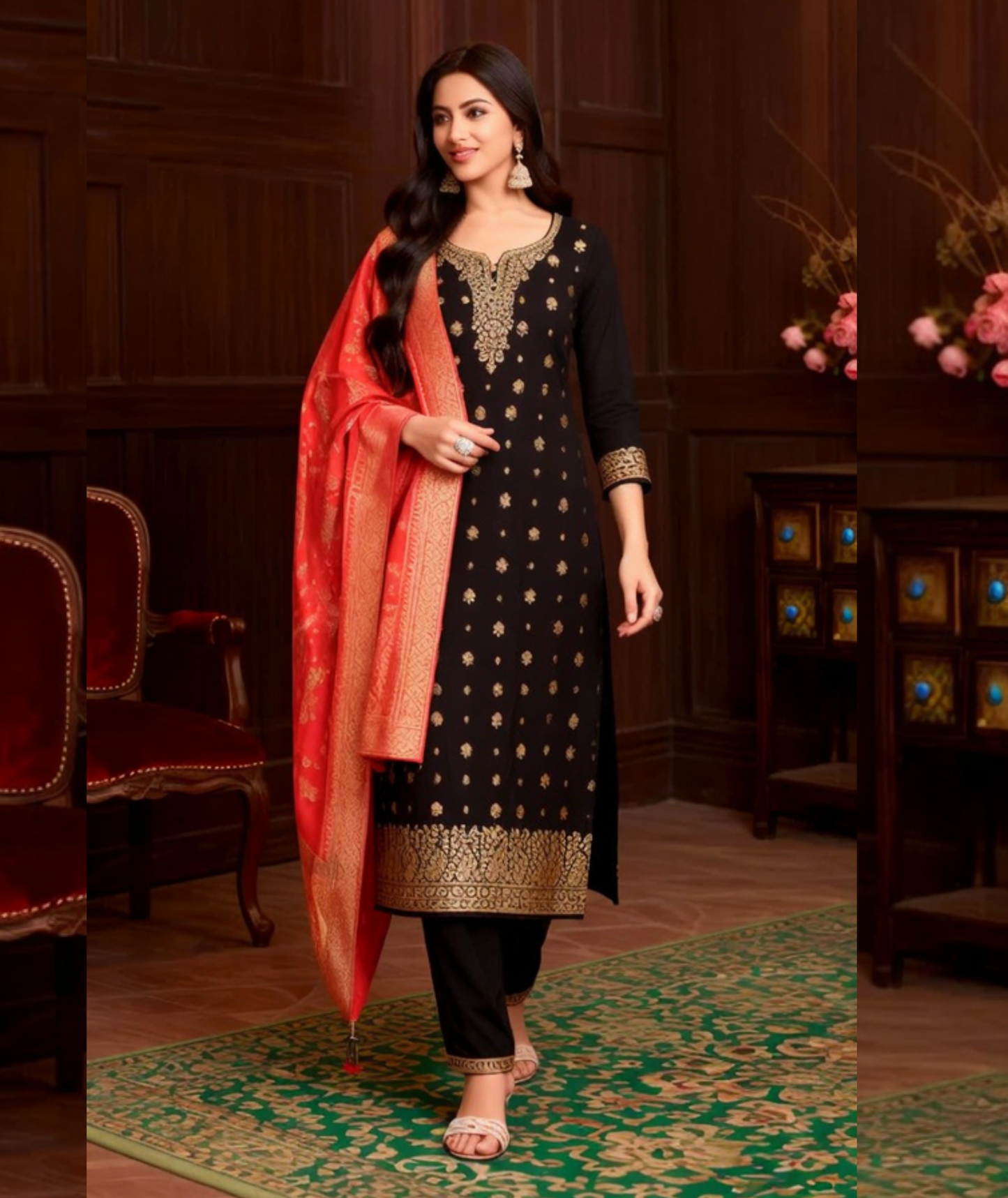 Women Black Embroidered Kurta Pant Set with Red Dupatta | Festive Ethnic Wear Suit