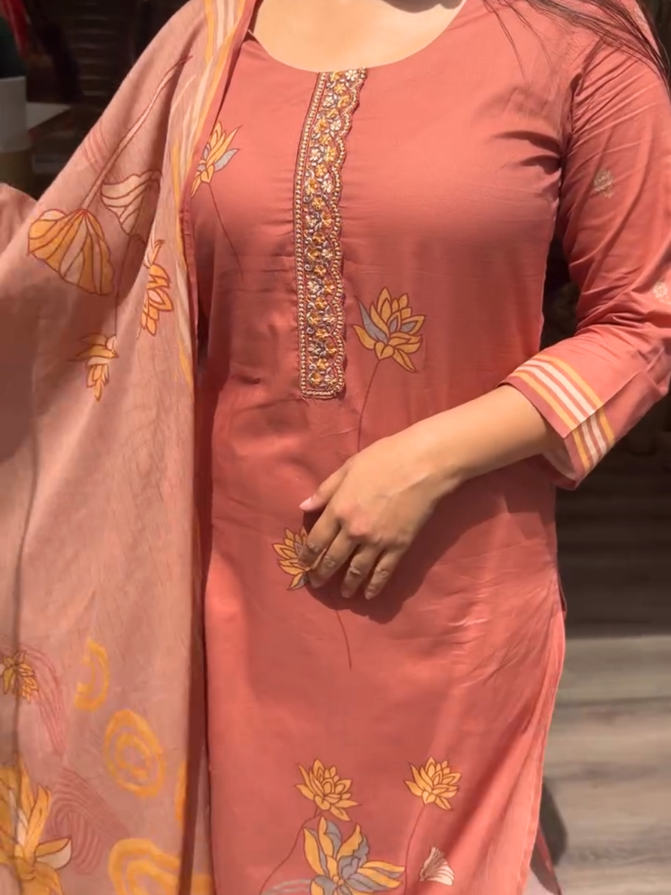Rust Pink Floral Printed Suit with Dupatta for Women